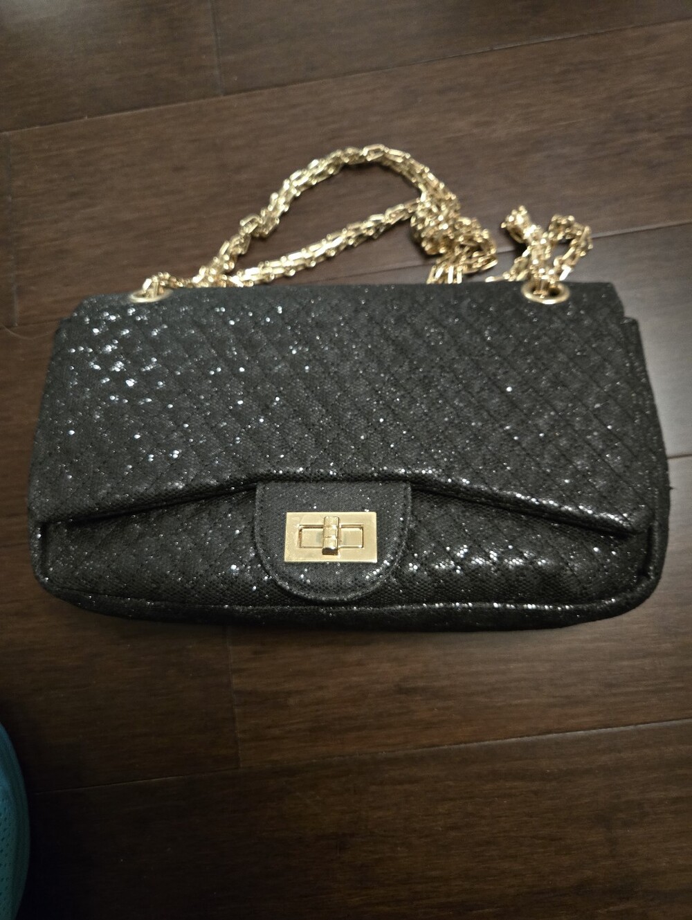 Black Quilted Glitter Crossbody Bag with Gold Chain